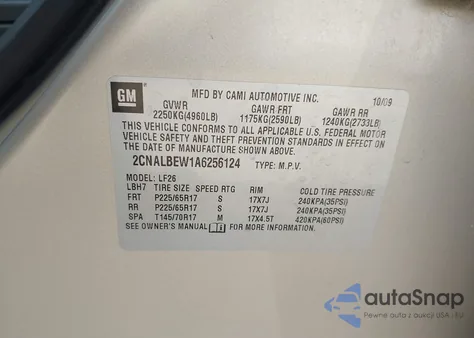 2010 Chevrolet Equinox Ls z USA, uszkodzony, nr VIN 2CNALBEW1A6256124